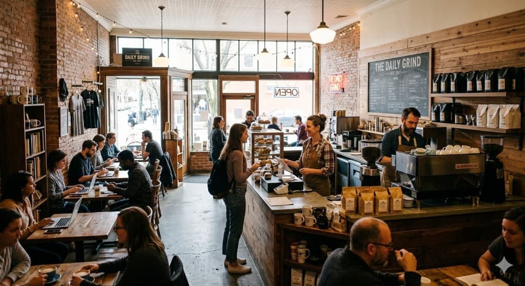 A busy local coffee shop — the kind of California small business NationCompliance serves